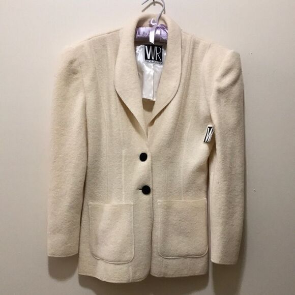 Vintage Wayne Rogers szS cream colored wool blazer jacket with shoulder pads EVC - Picture 2 of 13